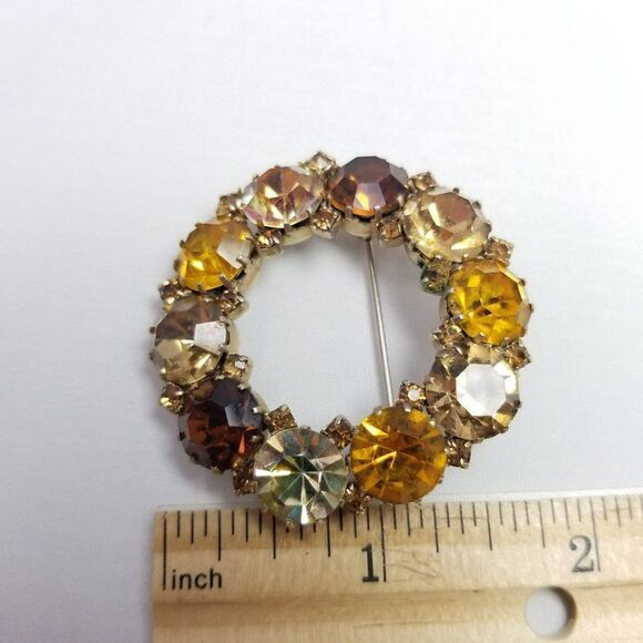 Vintage Karu Arke Inc Orange Yellow Amber Rhinestone Circle Brooch Pin Prong Set - Picture 5 of 7